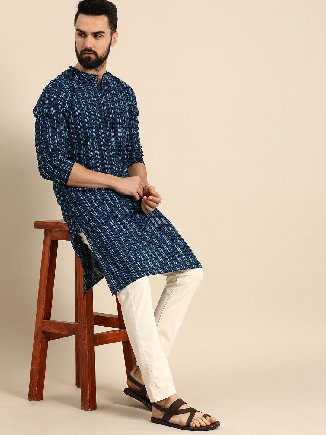 Men Geometric Printed Indigo Pure Cotton Straight Kurta