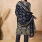 Navy Blue Floral Printed Pure Cotton Straight Kurta & Trousers With Dupatta