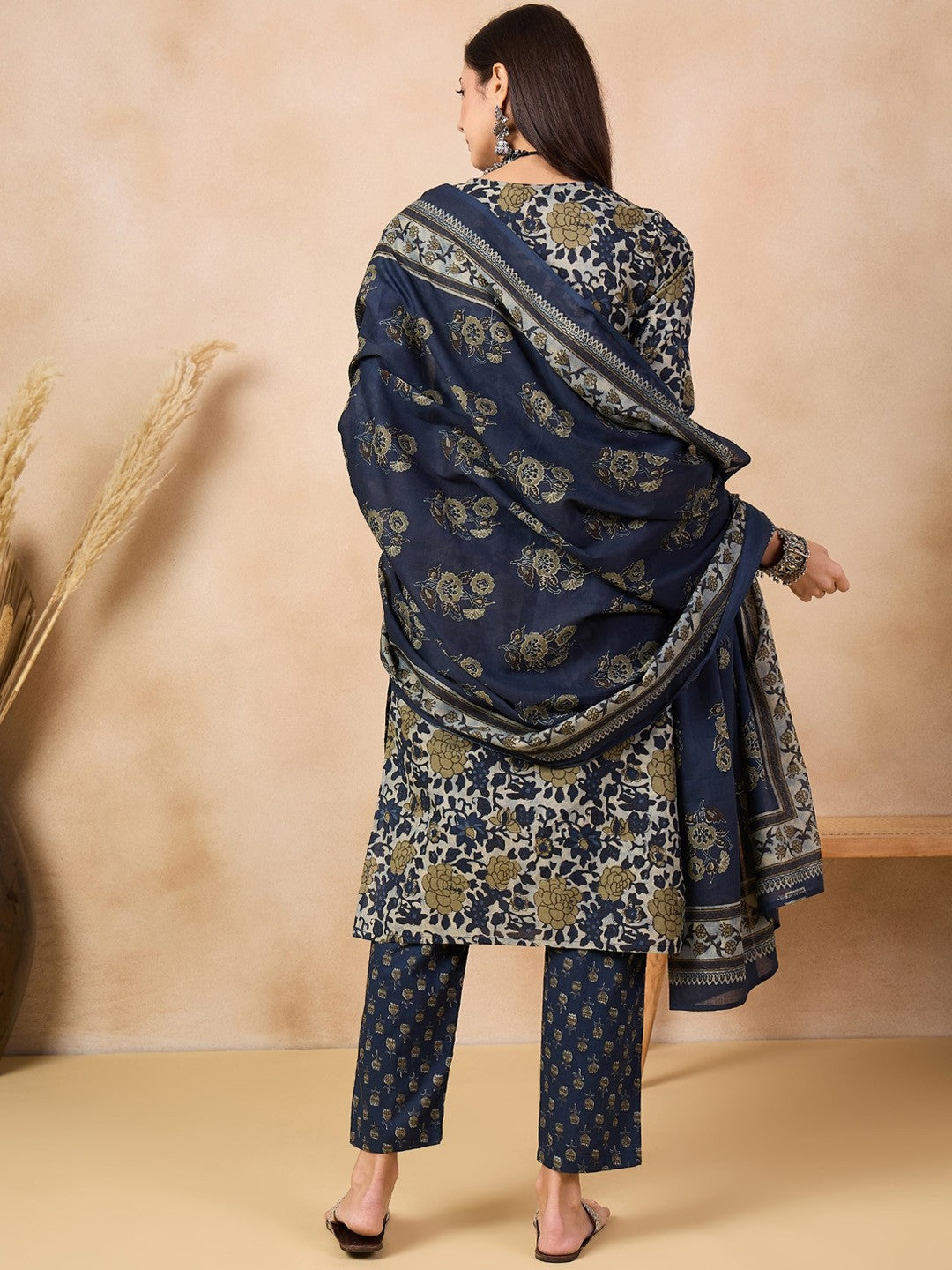 Navy Blue Floral Printed Pure Cotton Straight Kurta & Trousers With Dupatta