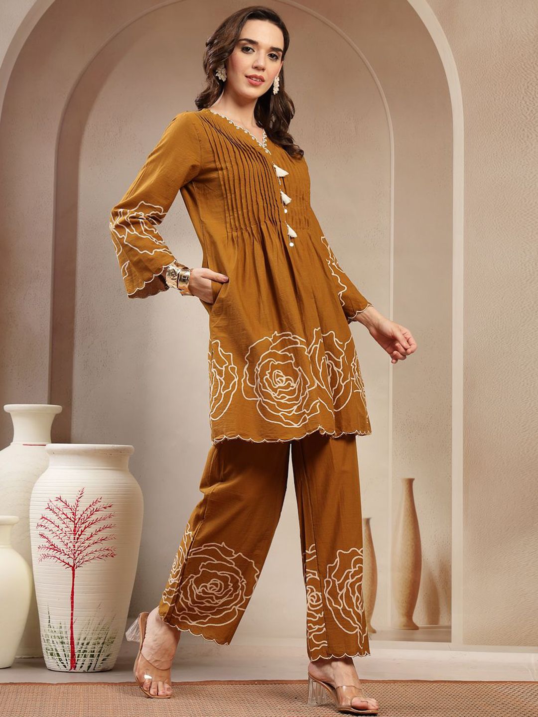 Embroidered V-Neck Pure Cotton Tunic & Palazzo