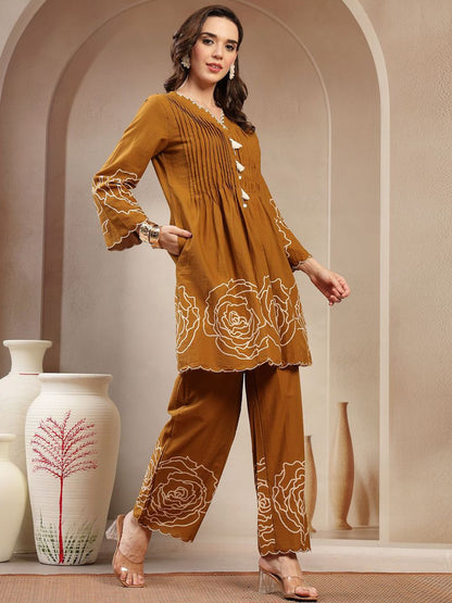 Embroidered V-Neck Pure Cotton Tunic & Palazzo