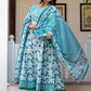 Blue Floral Printed Panelled Pure Cotton Anarkali Kurta With Trousers & Dupatta