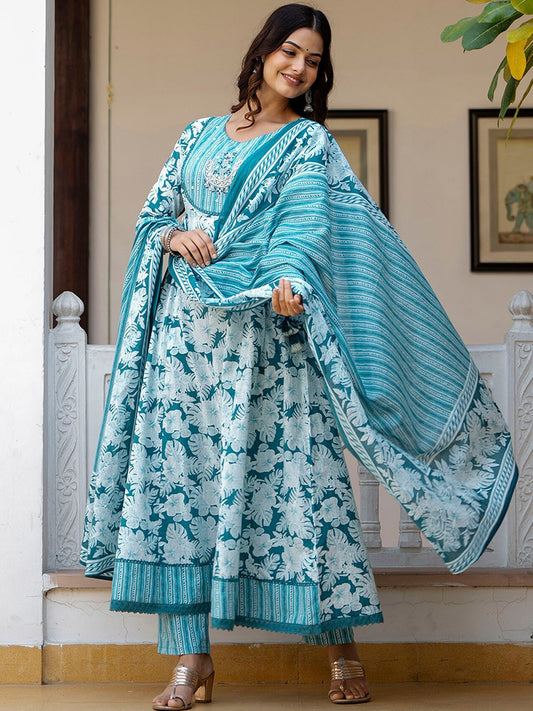 Blue Floral Printed Panelled Pure Cotton Anarkali Kurta With Trousers & Dupatta