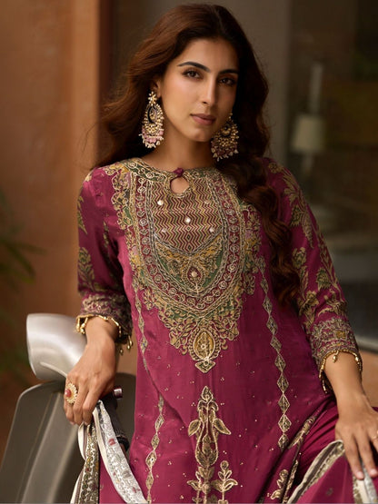 Women Ethnic Motifs Embroidered Regular Thread Work Silk Crepe Kurta with Trousers & With
