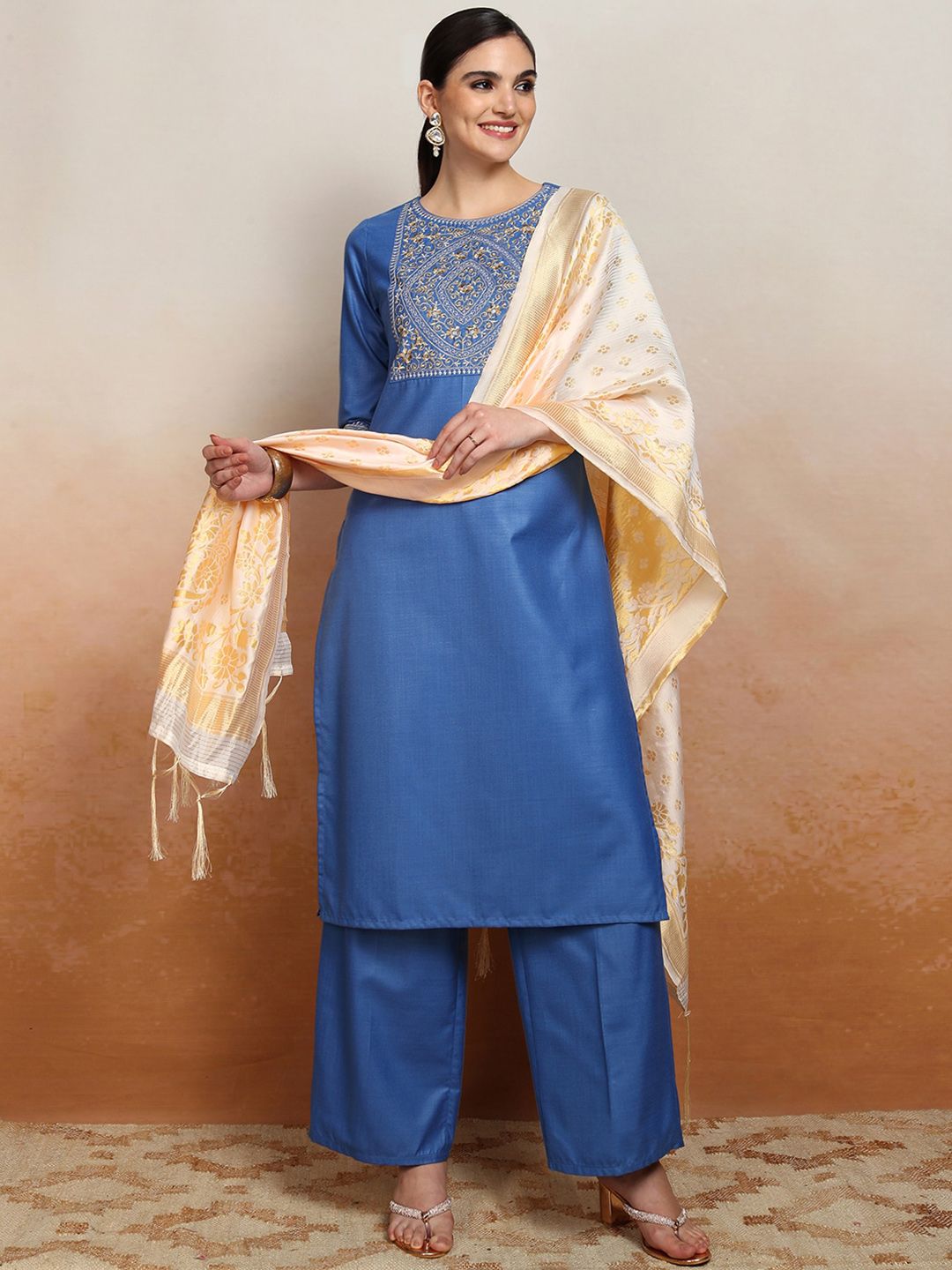 Women Embroidered Straight Kurta With Palazzo & Dupatta
