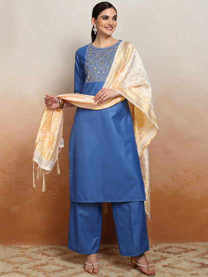 Women Embroidered Straight Kurta With Palazzo & Dupatta