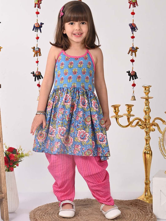 Girls halter Neck Floral Printed Pure Cotton Sleeveless Kurta Sets