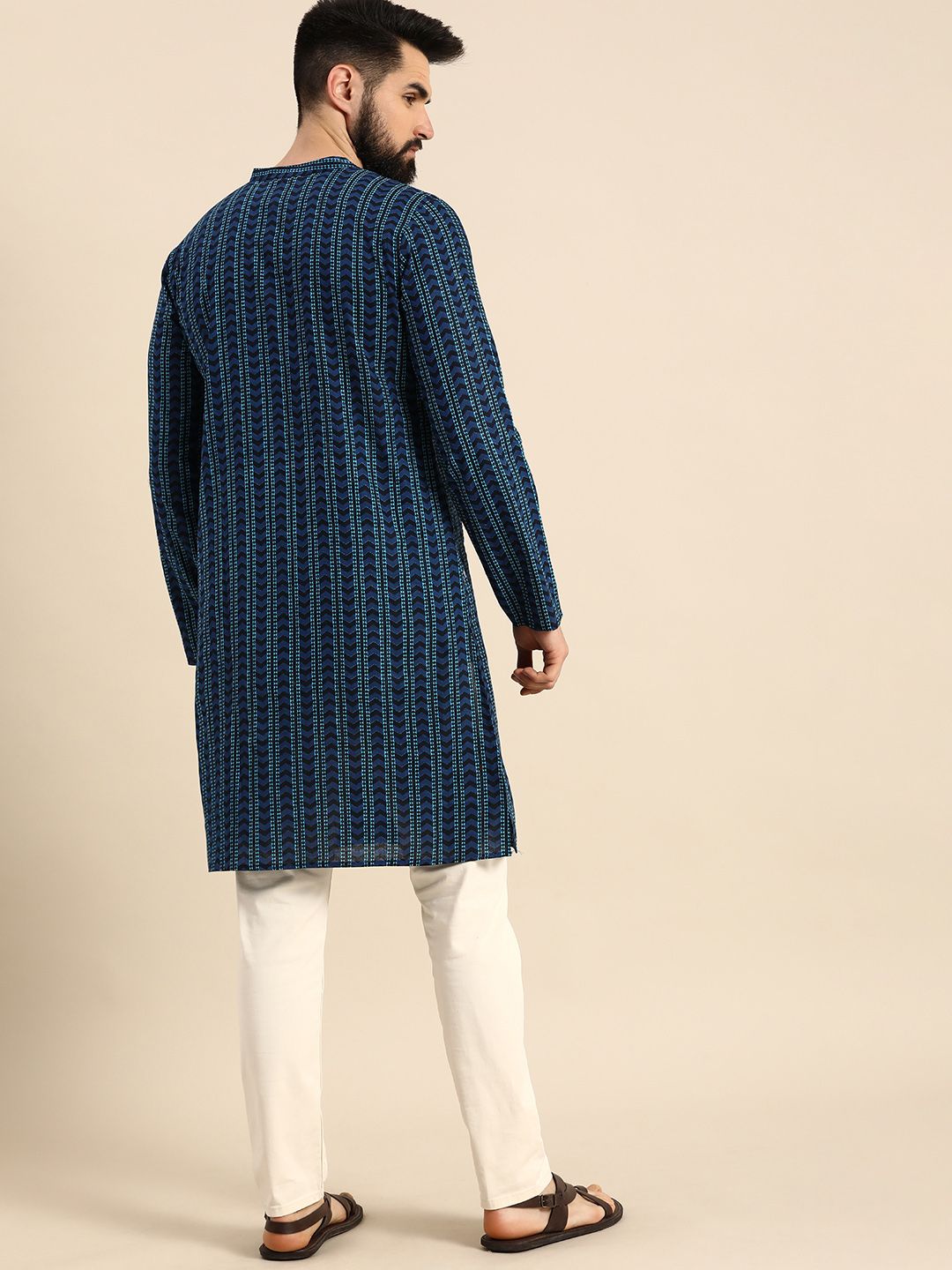 Men Geometric Printed Indigo Pure Cotton Straight Kurta