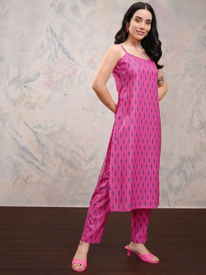 Pink Geometric Printed Shoulder Straps Neck Regular Kurta & Trouser With Dupatta