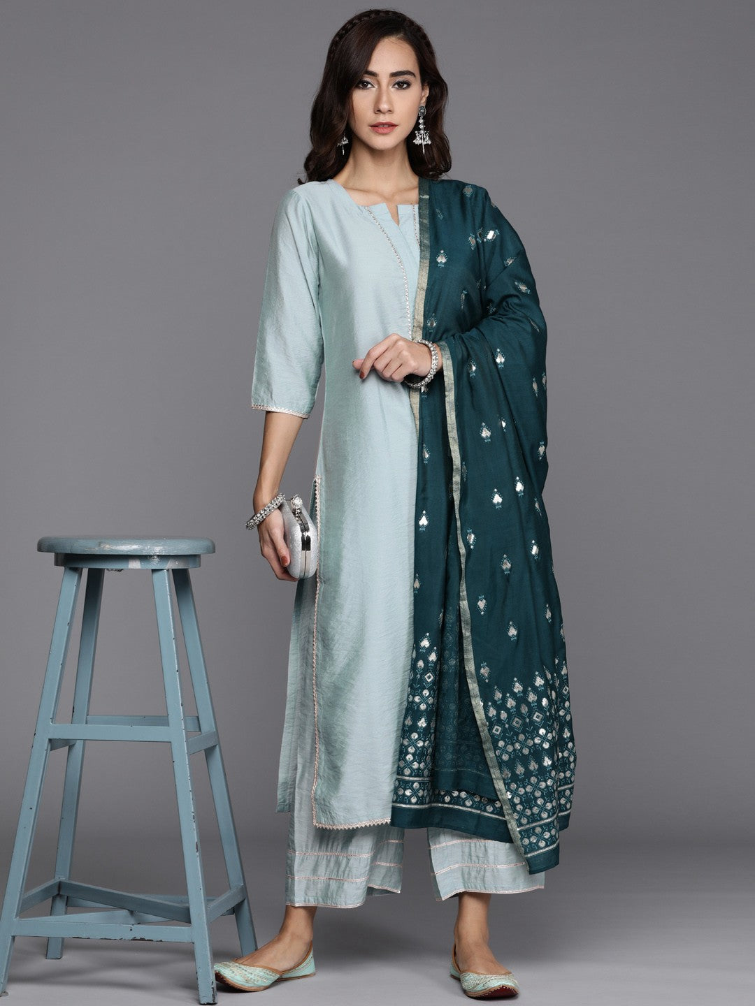 Women Blue Chanderi Silk Gotta Patti Kurta with Palazzos & Dupatta