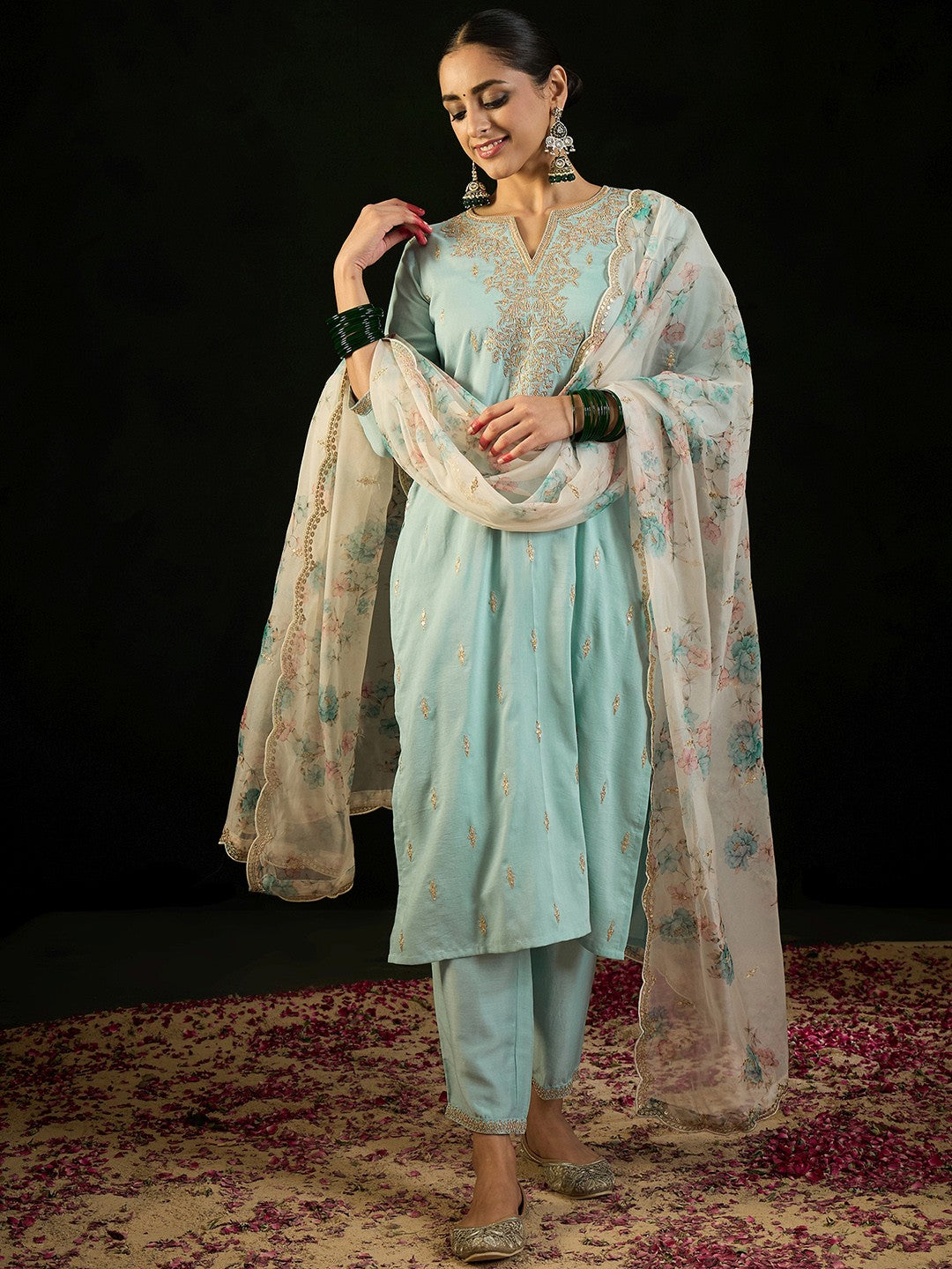 Floral Embroidered Notched Neck Straight Kurta with Trousers & Dupatta