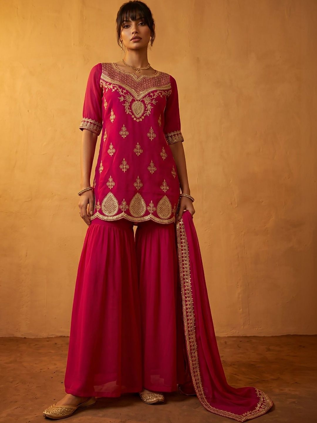 Women Ethnic Motifs Embroidered Regular Kurta with Sharara & With Dupatta