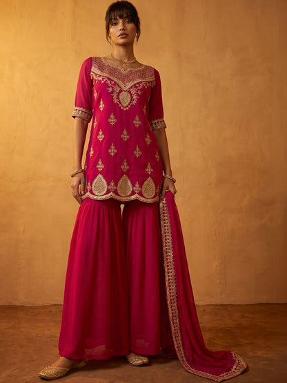 Women Ethnic Motifs Embroidered Regular Kurta with Sharara & With Dupatta