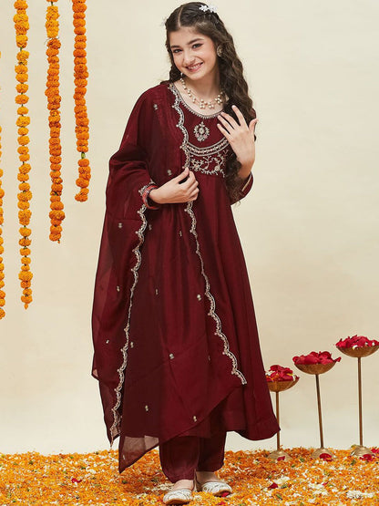 Girls Silk Embroidered Anarkali Kurta and Pant Set with Dupatta