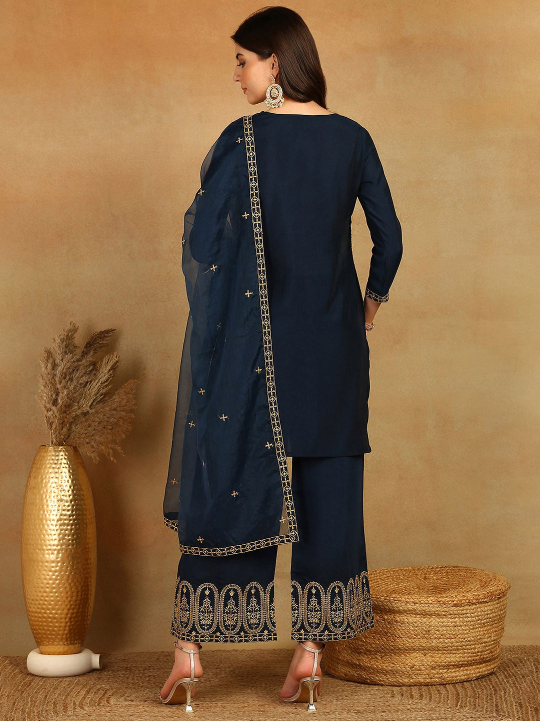 Blue Yoke Design Straight Kurta with Trousers & Dupatta