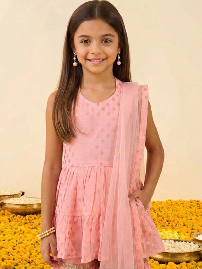 Girls Floral Printed Empire Kurta with Sharara & With Dupatta