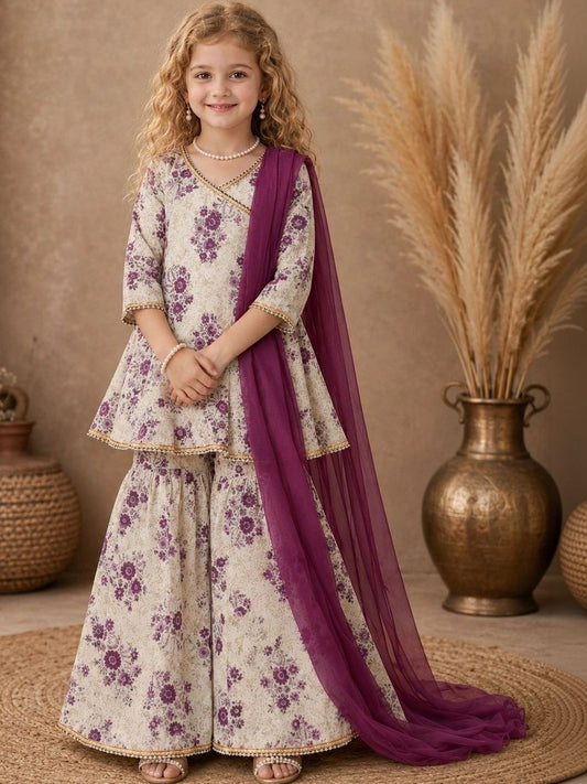 Girls Floral Printed Angrakha Pure Cotton Kurta with Sharara & With Dupatta