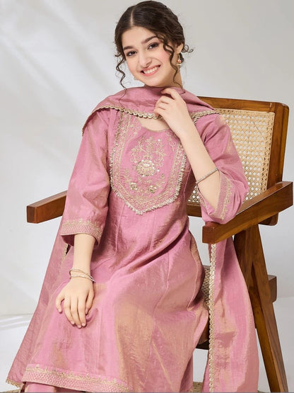 Girls Pink Embroidered Anarkali Kurti And Palazzo With Dupatta Set