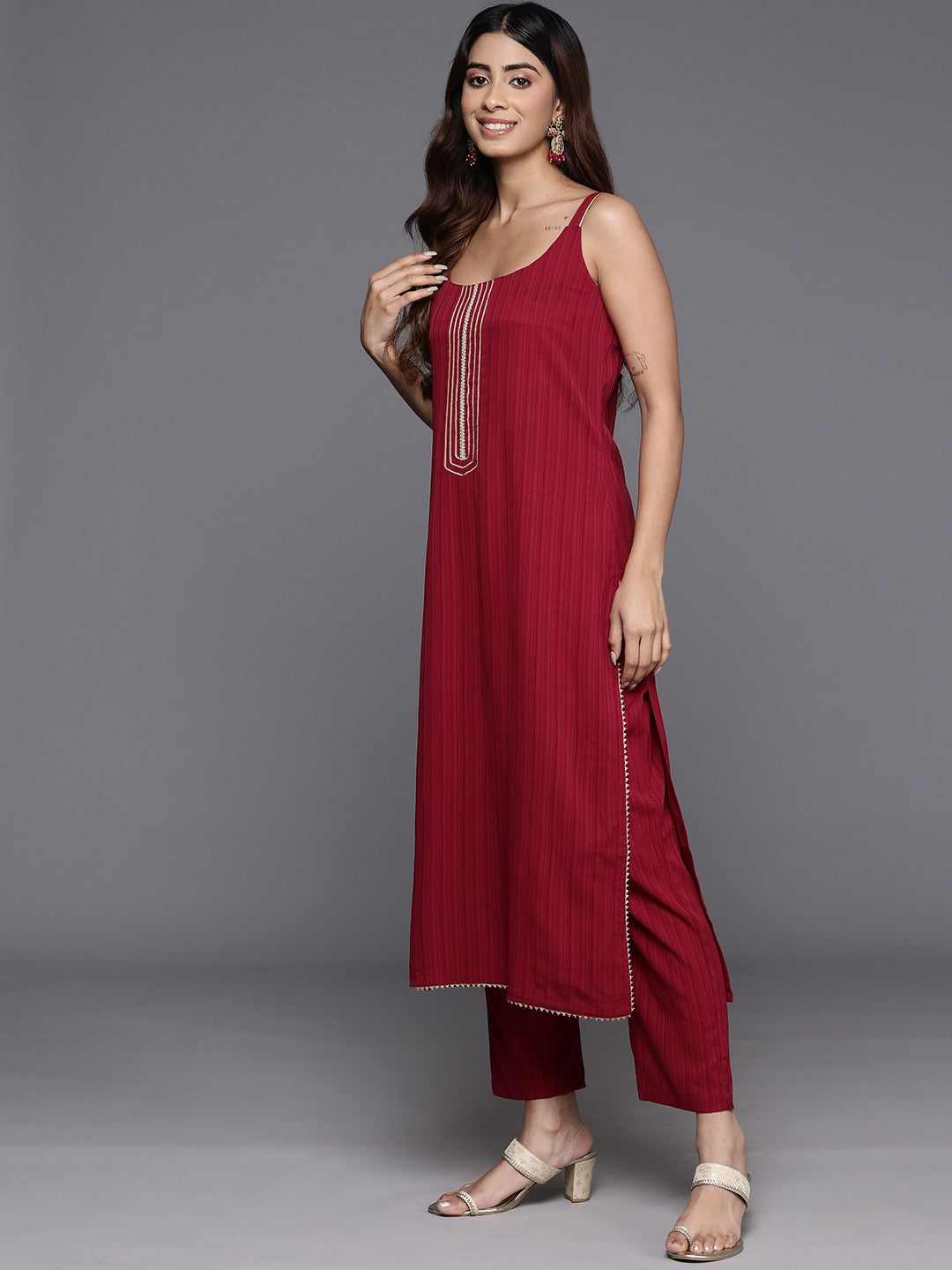 Woven Design Zari Silk Crepe Kurta with Trousers & Dupatta