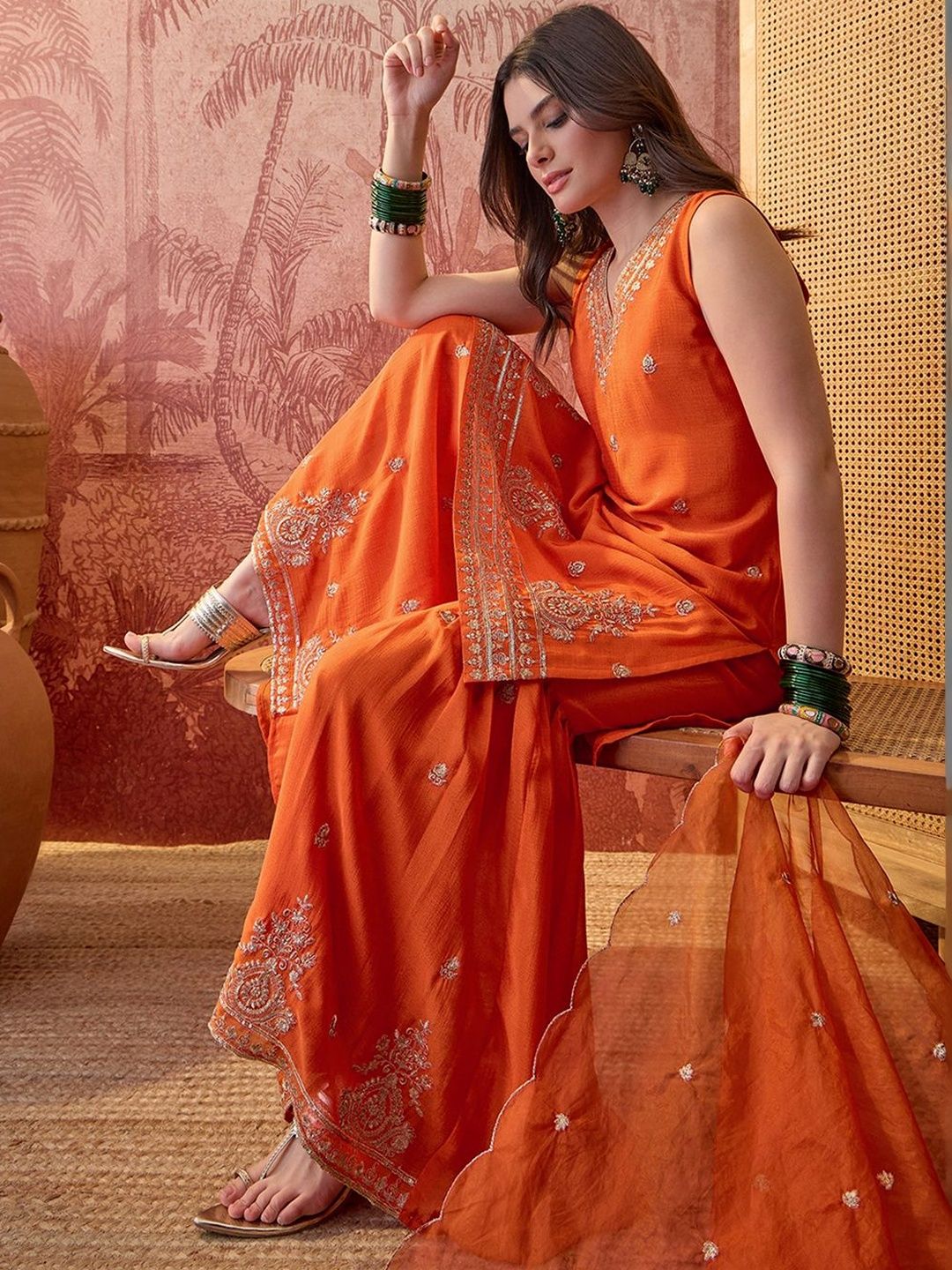 Embroidered V-Neck Kurta & Sharara Kurta Set