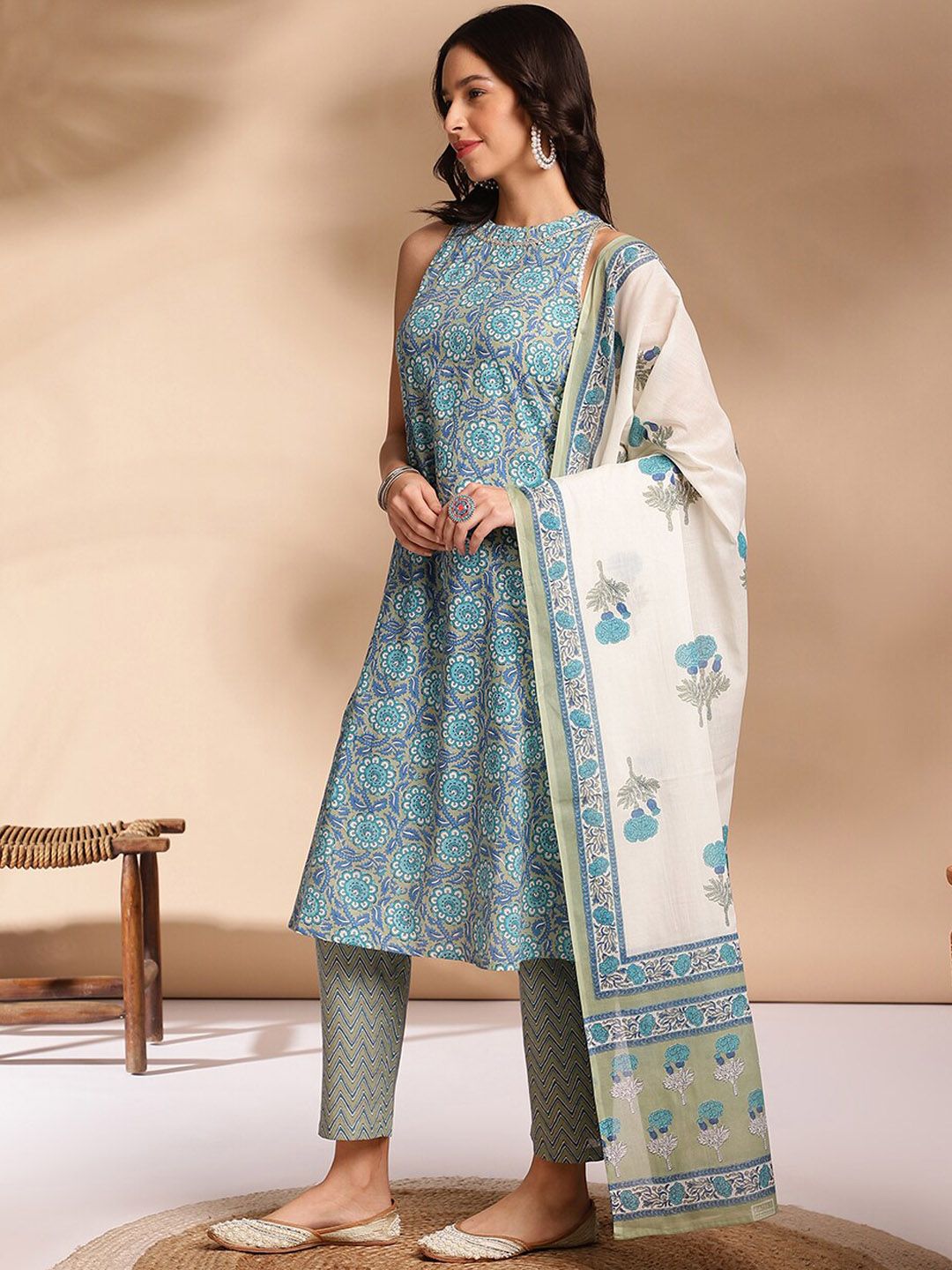 Women Ethnic Motifs Printed Regular Gotta Patti Cotton Republic Day Kurta With Trousers & Dupatta