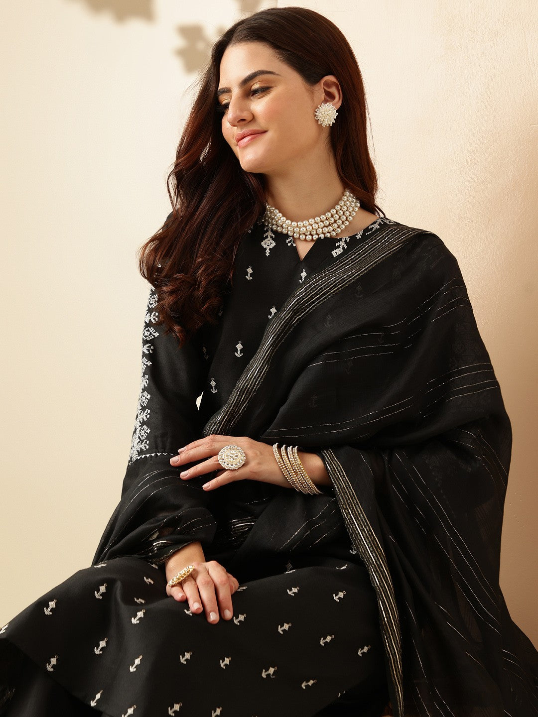 Black Ethnic Motifs Embroidered Thread Work Straight Kurta & Trouser With Dupatta