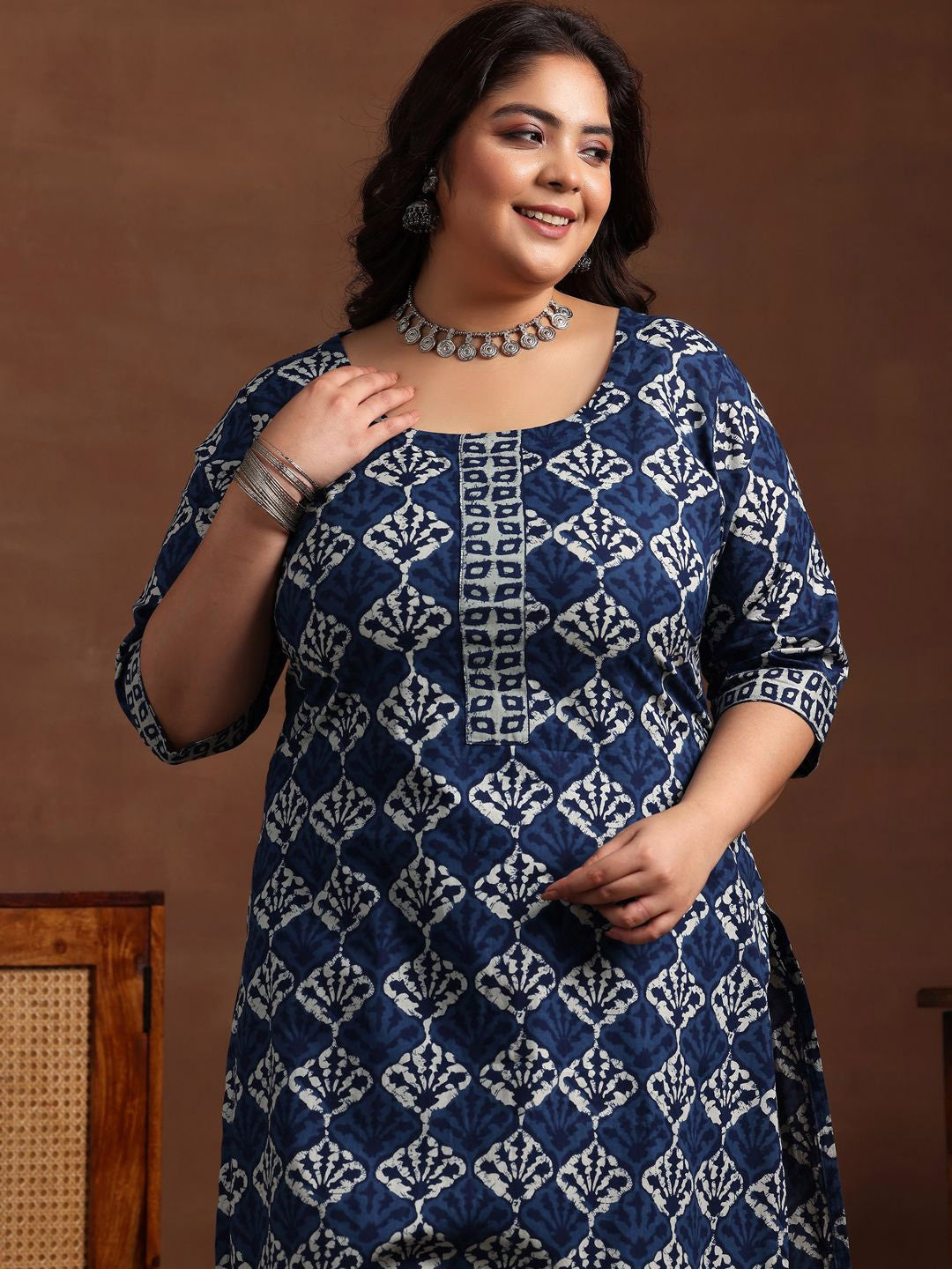 Plus Size Ethnic Motif Printed Pure Cotton Kurta with Salwar & Dupatta