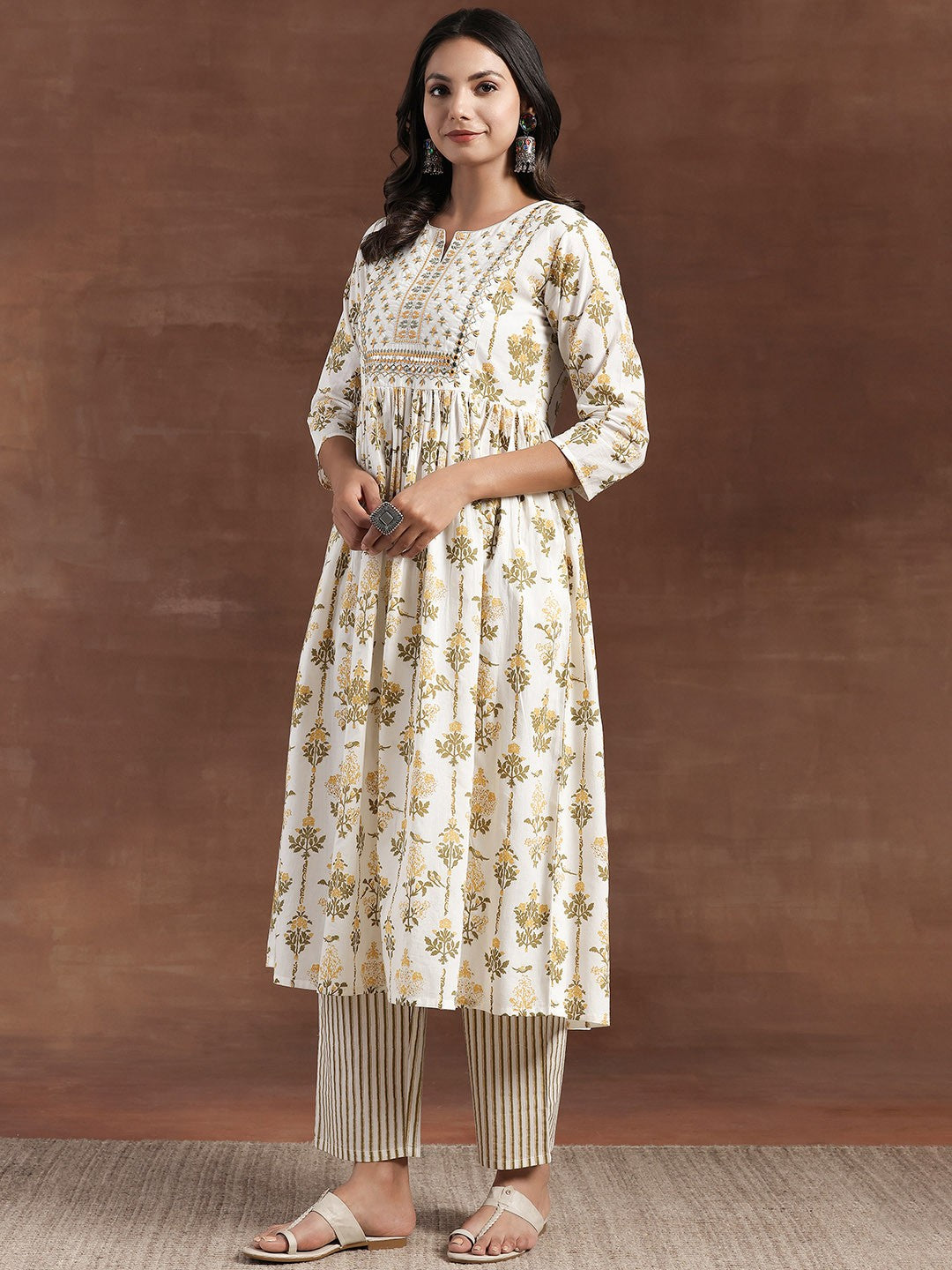 Floral Print Panelled Mirror Work Pure Cotton Anarkali Kurta with Trousers & Dupatta