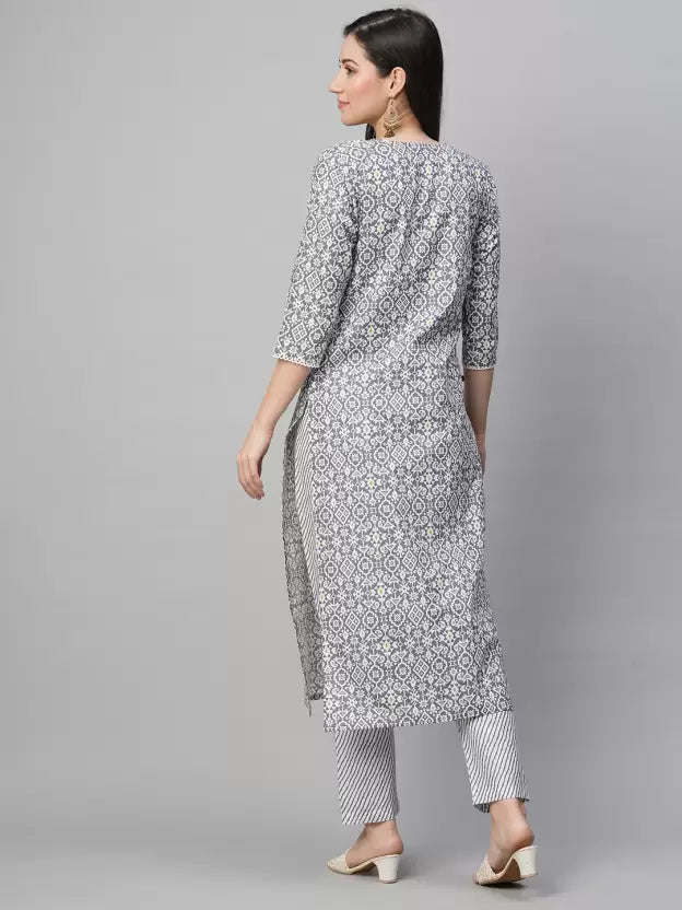 Women Grey Cotton Blend Kurta Pant Set