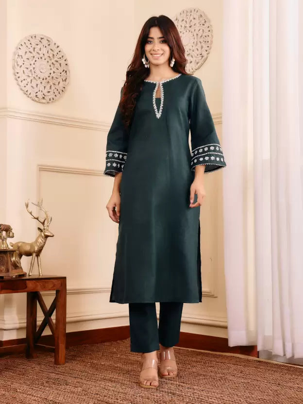 Women Teal Cotton Blend Kurta Pant Set