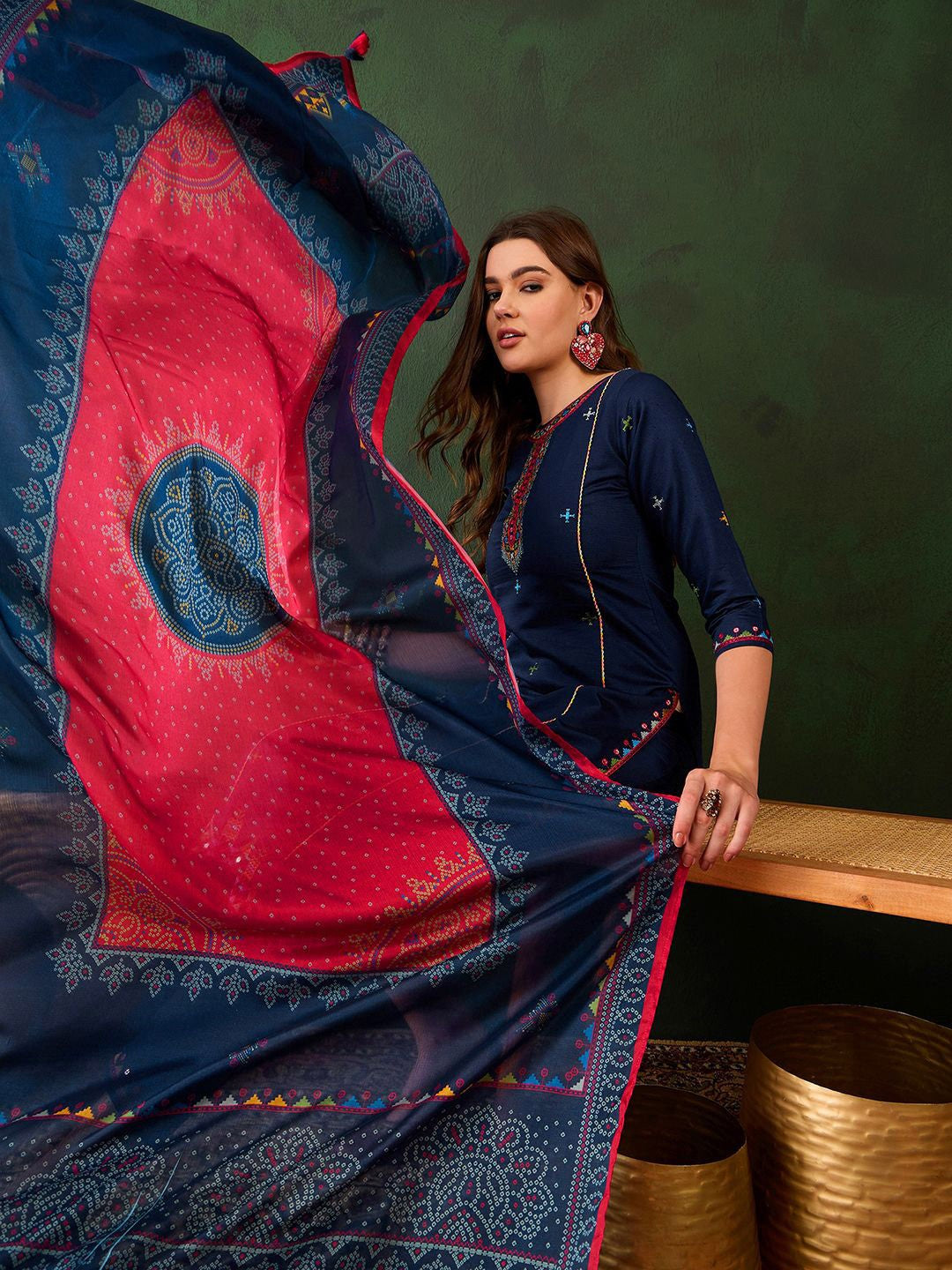 Geometric Embroidered Sequinned Straight Kurta & Trouser With Dupatta