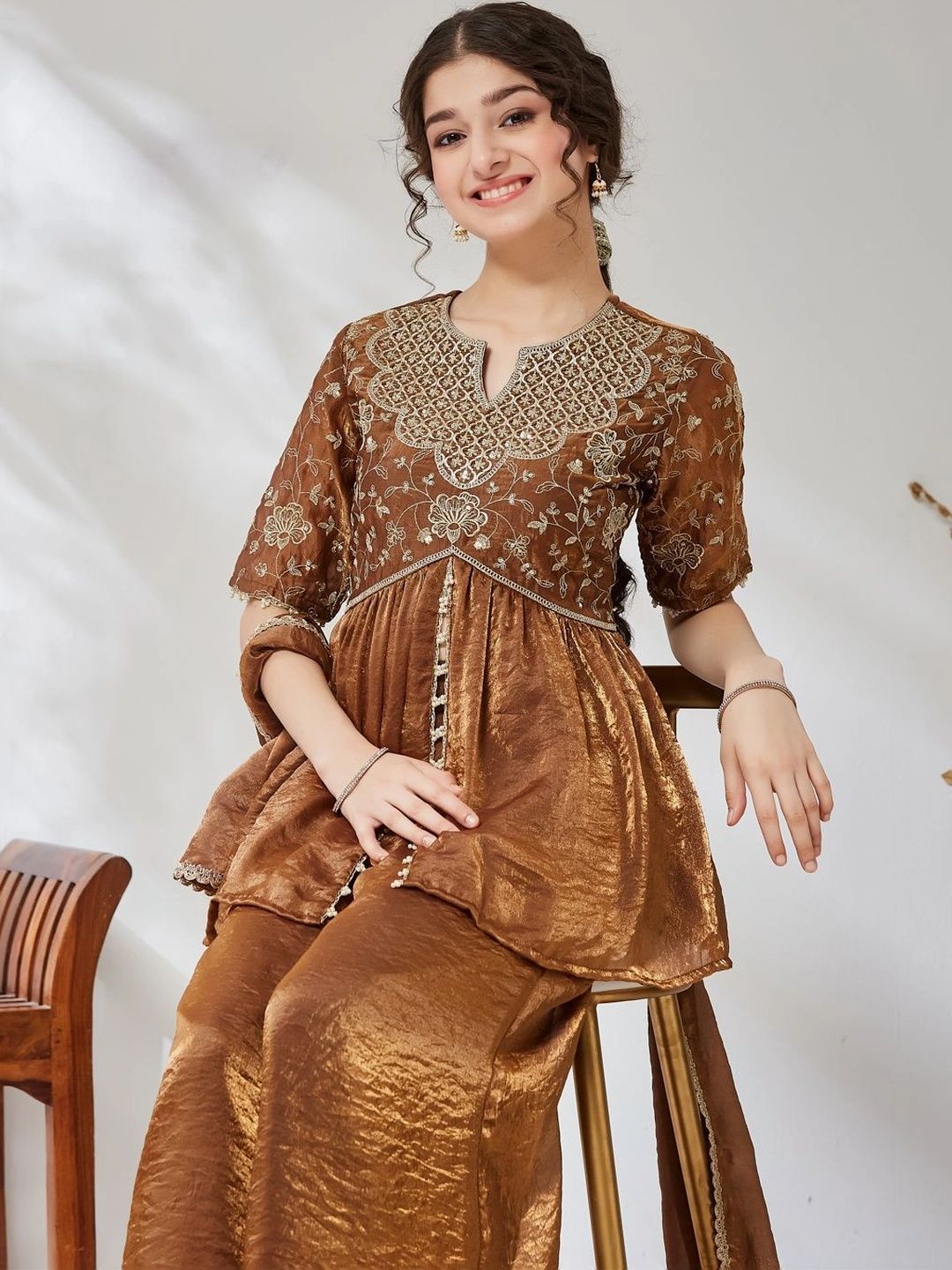 Girls Chocolate Brown Embroidered Peplum Kurta And Plazzo With Dupatta Set