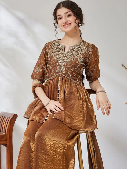 Girls Chocolate Brown Embroidered Peplum Kurta And Plazzo With Dupatta Set