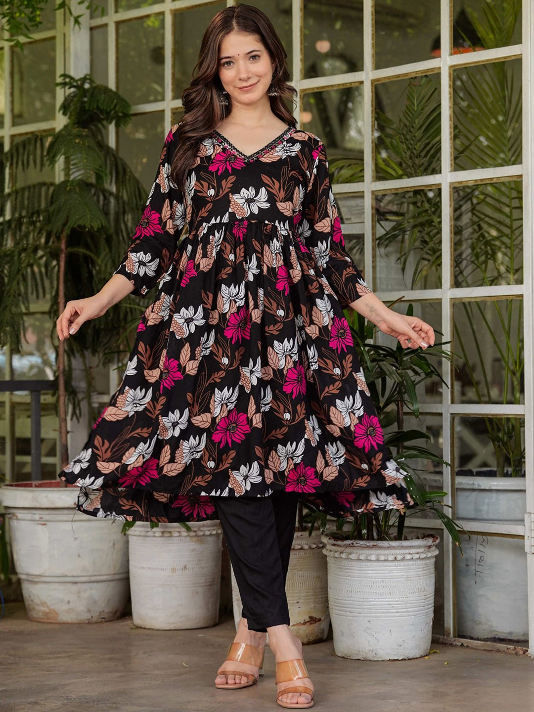 Women Floral Printed High Slit Thread Work Kurta with Trousers & With Dupatta