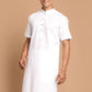 Men White Solid Cotton Linen Blend Half Sleeves Kurta