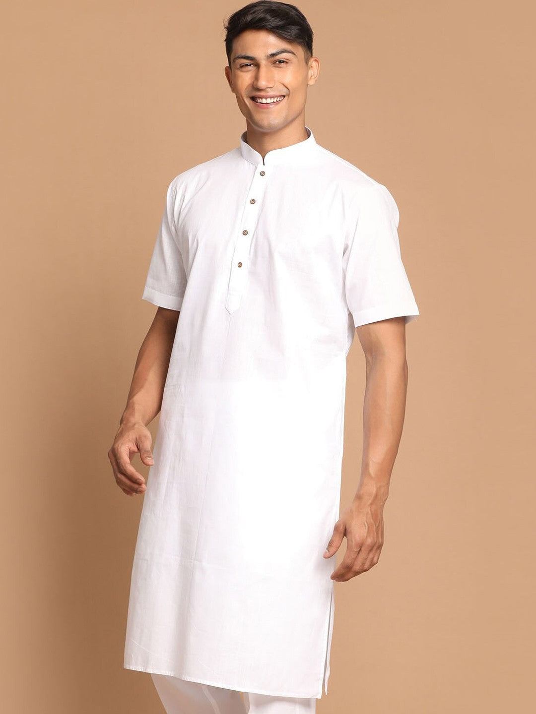 Men White Solid Cotton Linen Blend Half Sleeves Kurta