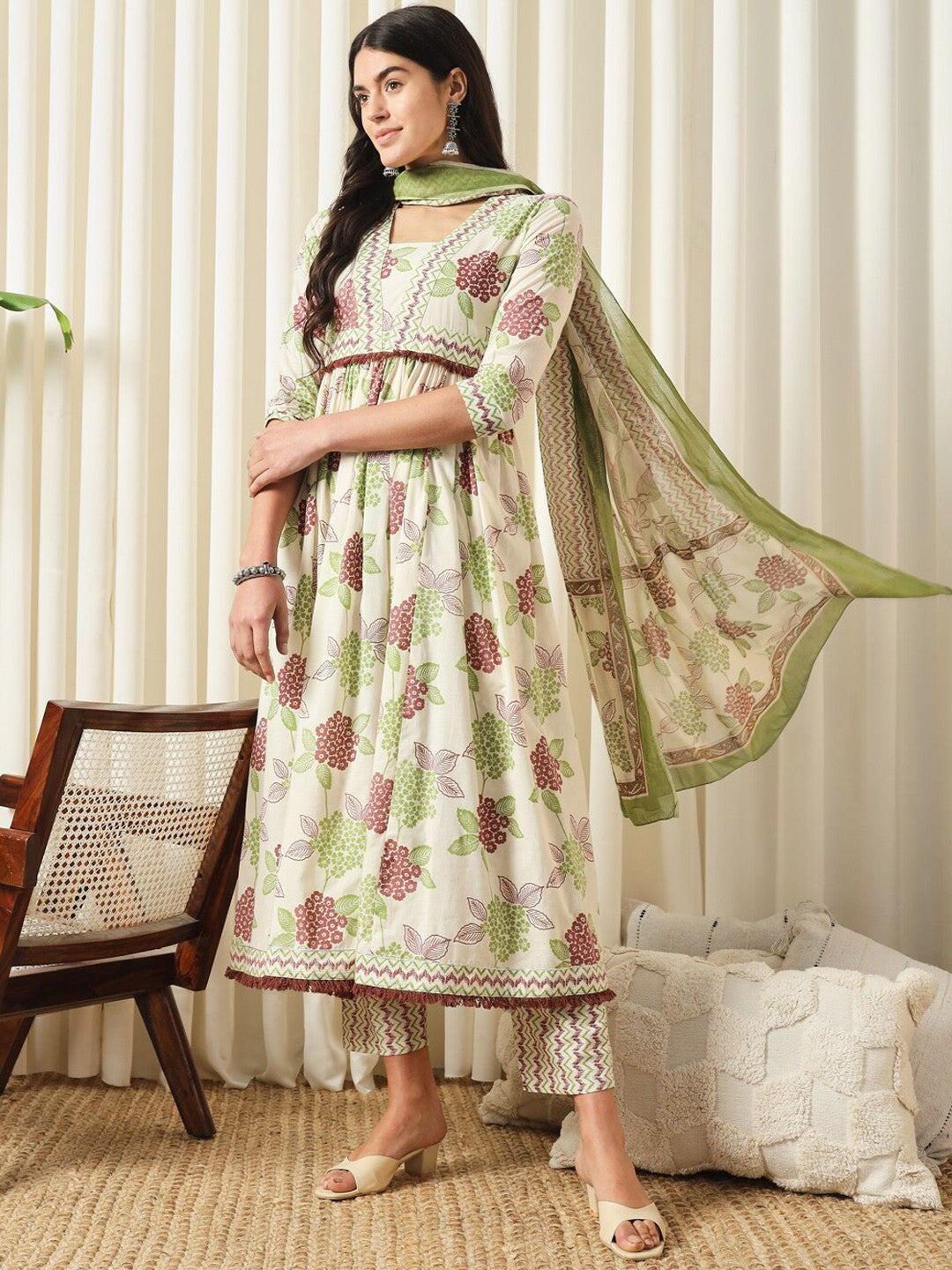 Floral Printed Empire Pure Cotton Flared Anarkali Kurta With Trousers & Dupatta