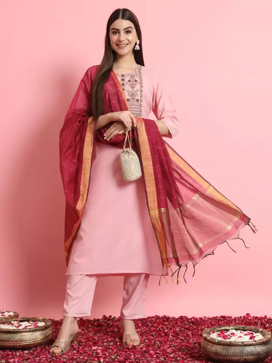 Women Pink Silk Blend Kurta Pant Dupatta Set