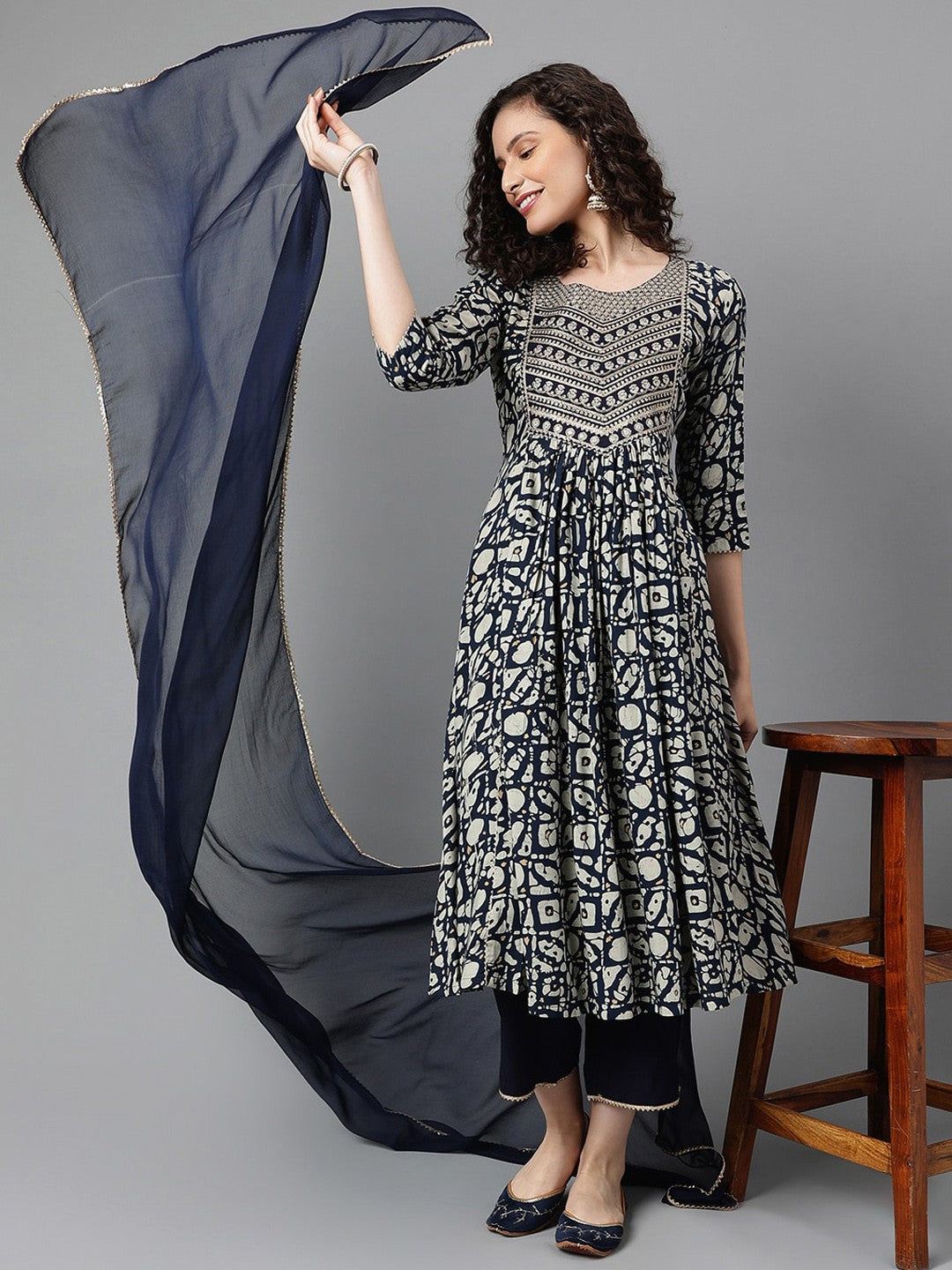 Printed Empire Thread Work Kurta with Palazzos & With Dupatta