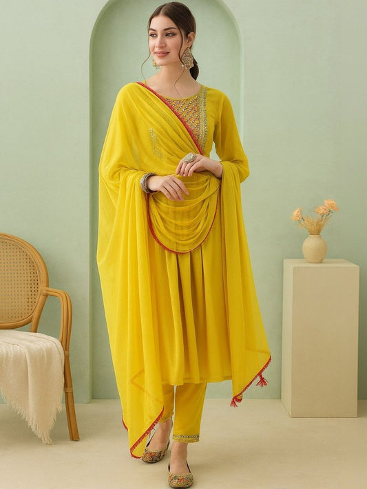Women Embroidered Regular Kurta with Trousers & With Dupatta