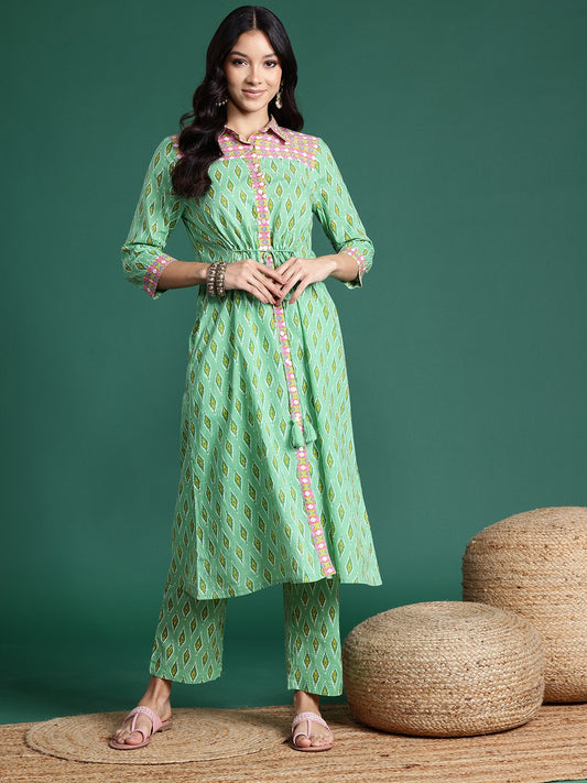 Printed Regular Pure Cotton Waist Tie-Up Kurta with Trousers