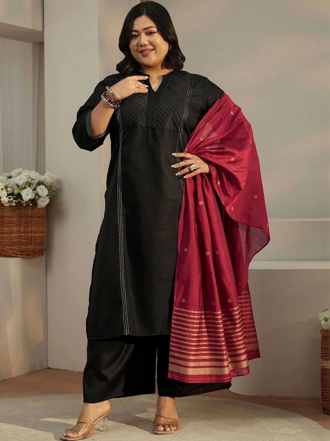 Women Ethnic Motifs Embroidered Regular Thread Work Kurta with Palazzos & With Dupatta