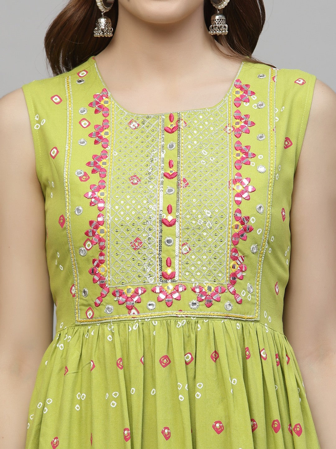 Round Neck Bandhani Embroidered Pleated A-Line Kurti With Sharara & Dupatta