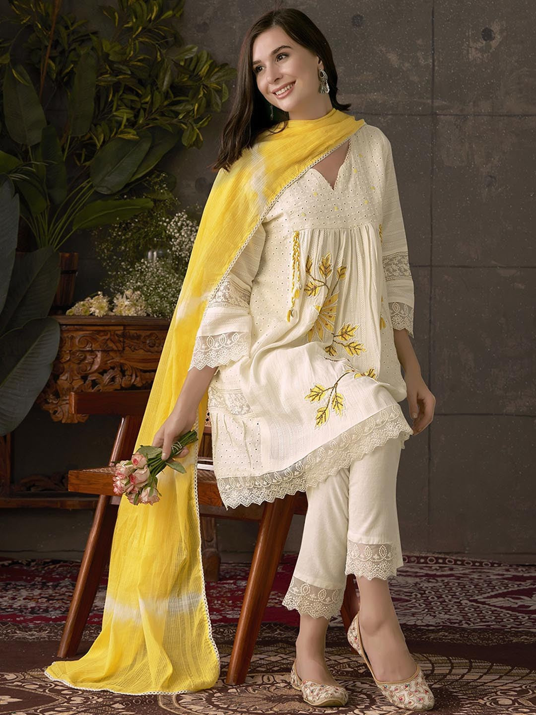 Embroidered Pleated Chikankari Pure Cotton A-Line Kurta With Trousers & Dupatta