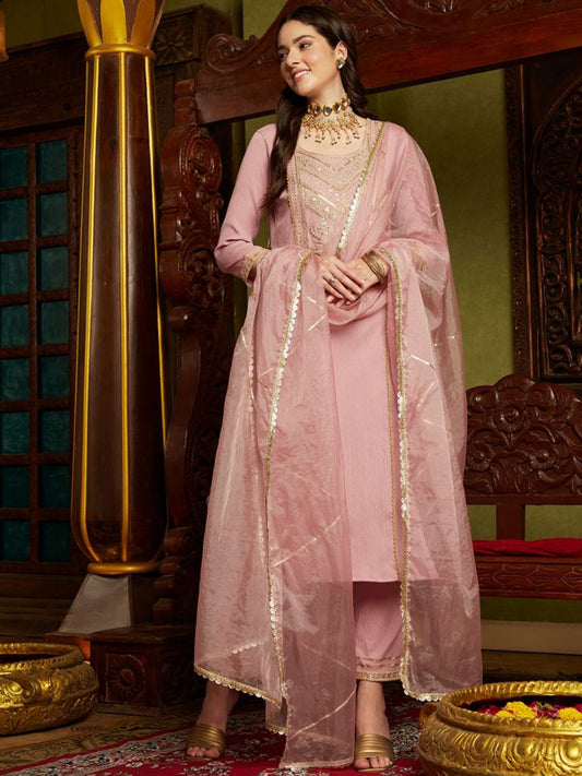 Mauve Ethnic Motifs Embroidered Sequinned Straight Kurta With Trouser & Dupatta