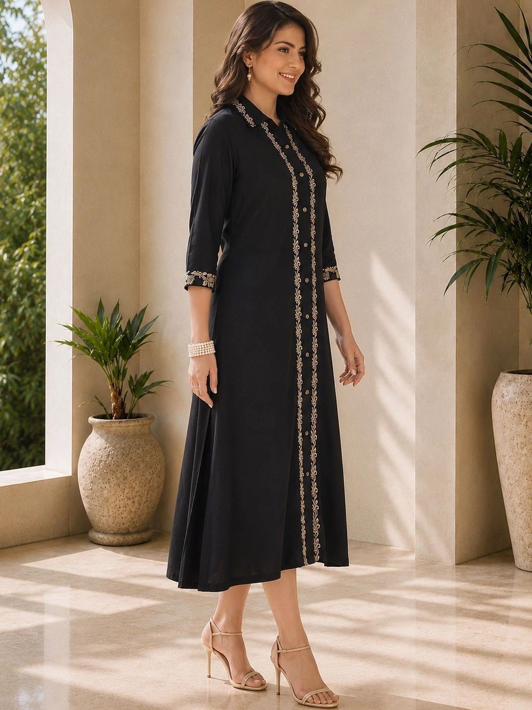 Ethnic Motifs Embroidered A-Line Midi Dress