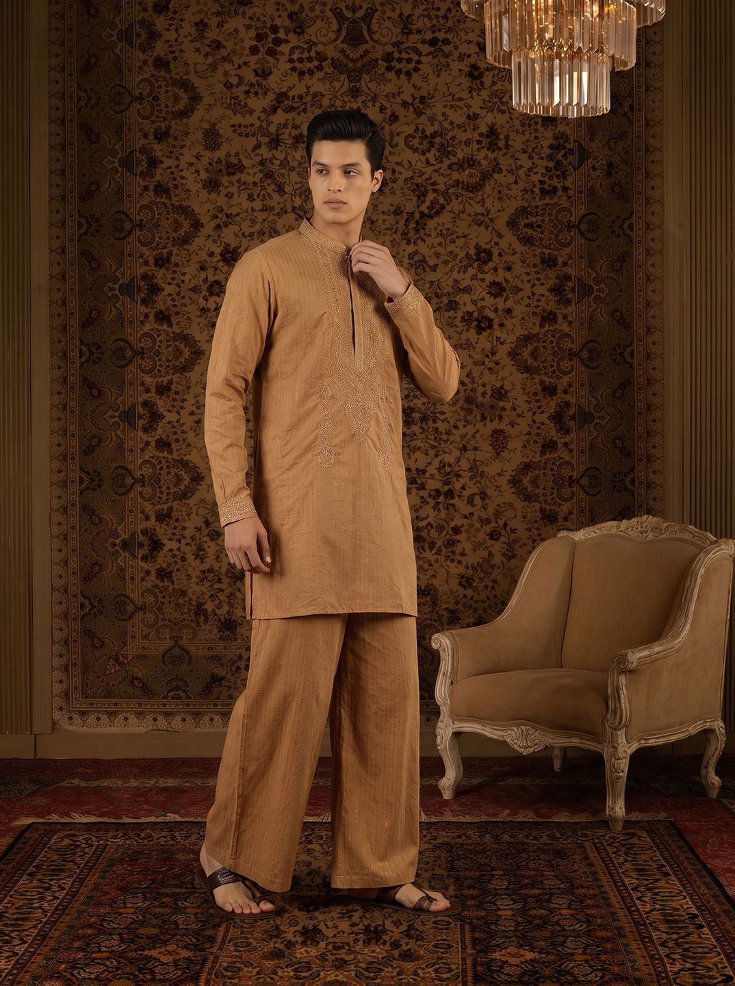 Striped Mandarin Collar Thread Work Jashn Kurta with Trousers