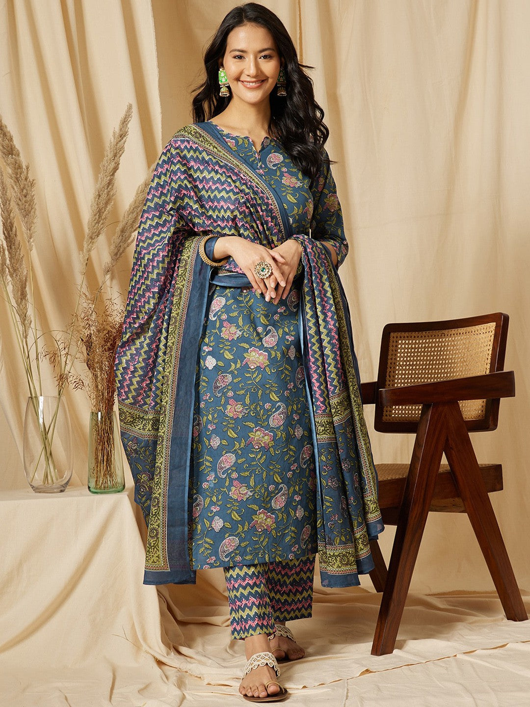 Notch Neck Floral Printed Pure Cotton Kurta with Palazzo & Dupatta