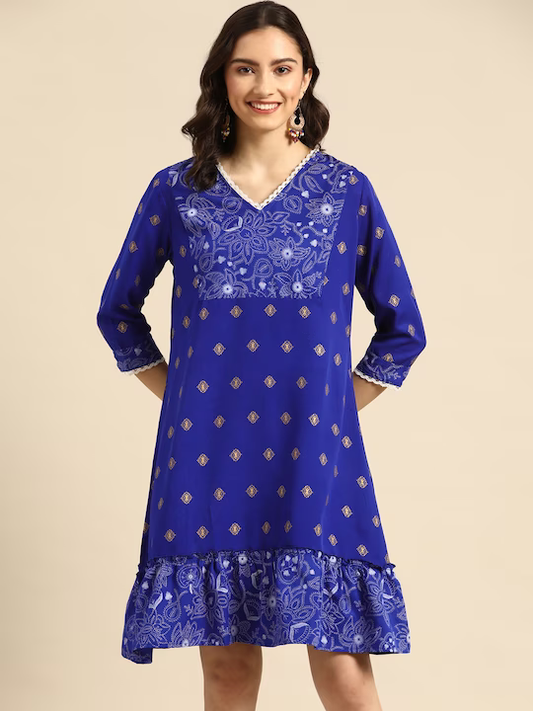 Blue & Grey Ethnic Motifs A-Line Dress