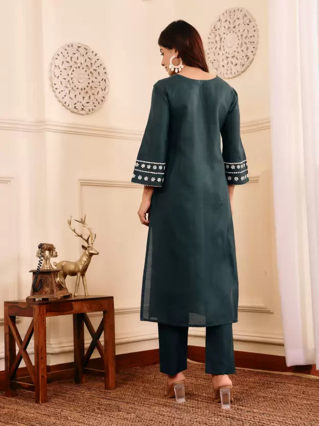 Women Teal Cotton Blend Kurta Pant Set